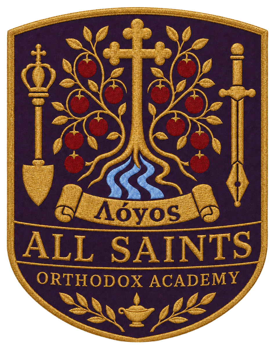 The All Saints crest: a cross rooted in living water, flowering into a fruit-bearing tree, between a shovel-crozier and a sword-pen, over the word Logos