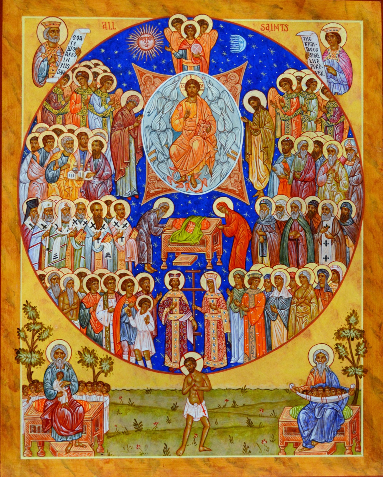 The Icon of All Saints: Christ enthroned in glory at the center of a starred blue circle, surrounded by the whole company of the saints on a gold ground.