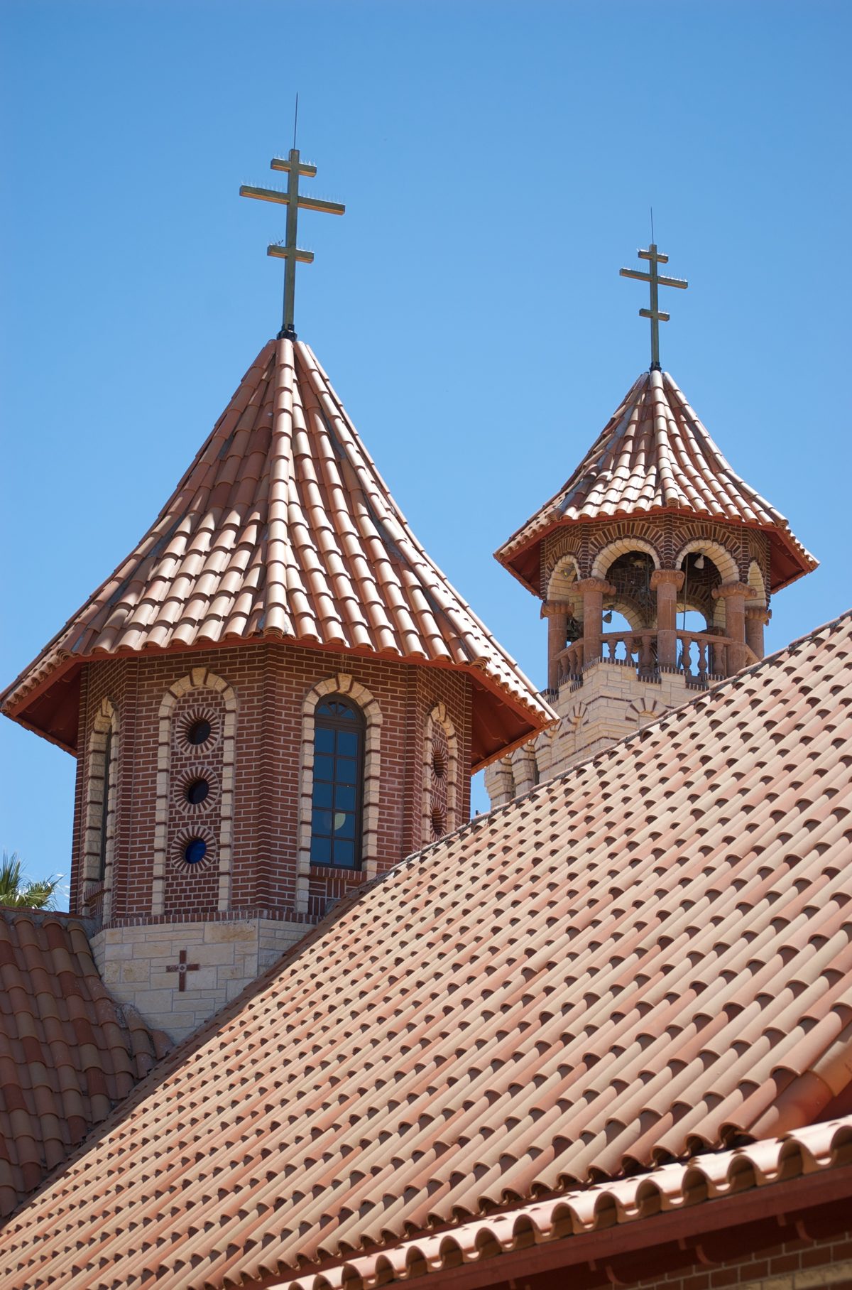 Bell towers rising over the gardens of St. Anthony's Monastery