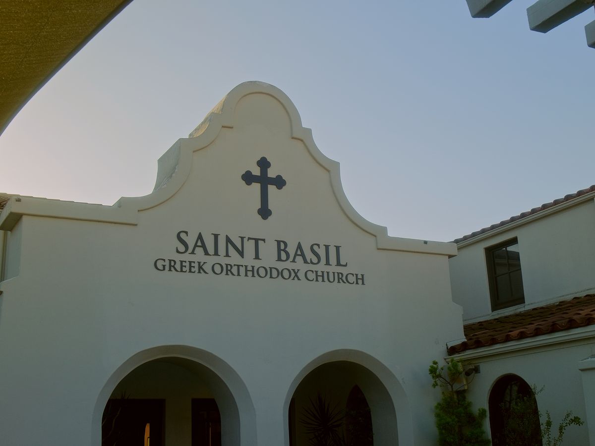 The front of St. Basil Greek Orthodox Church in San Juan Capistrano