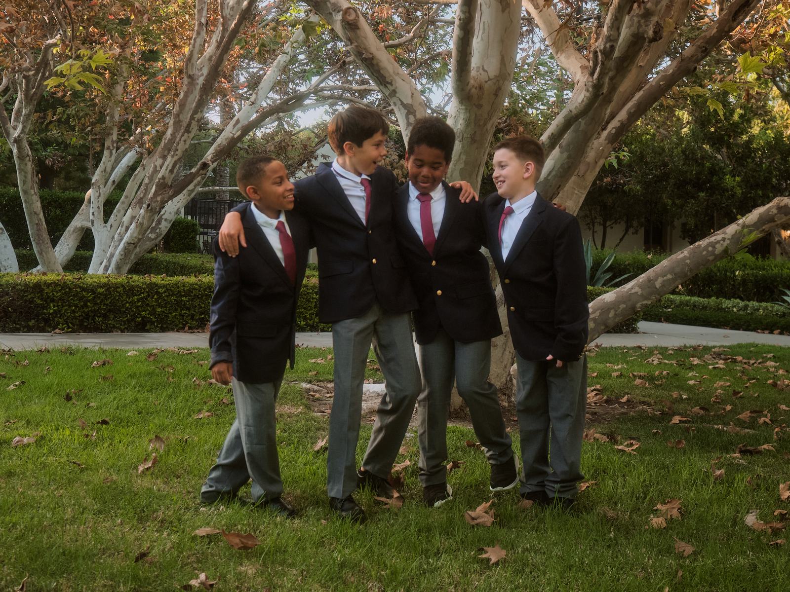 Four students standing together under the sycamores after school